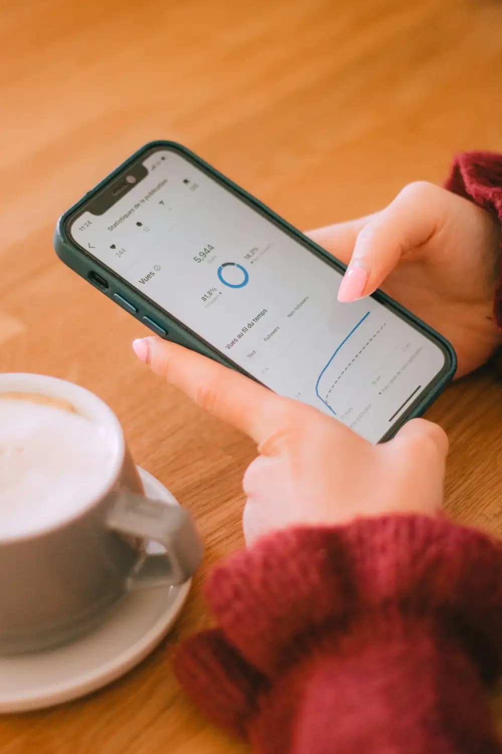 Mão segurando celular com gráfico de métricas ao lado de um café