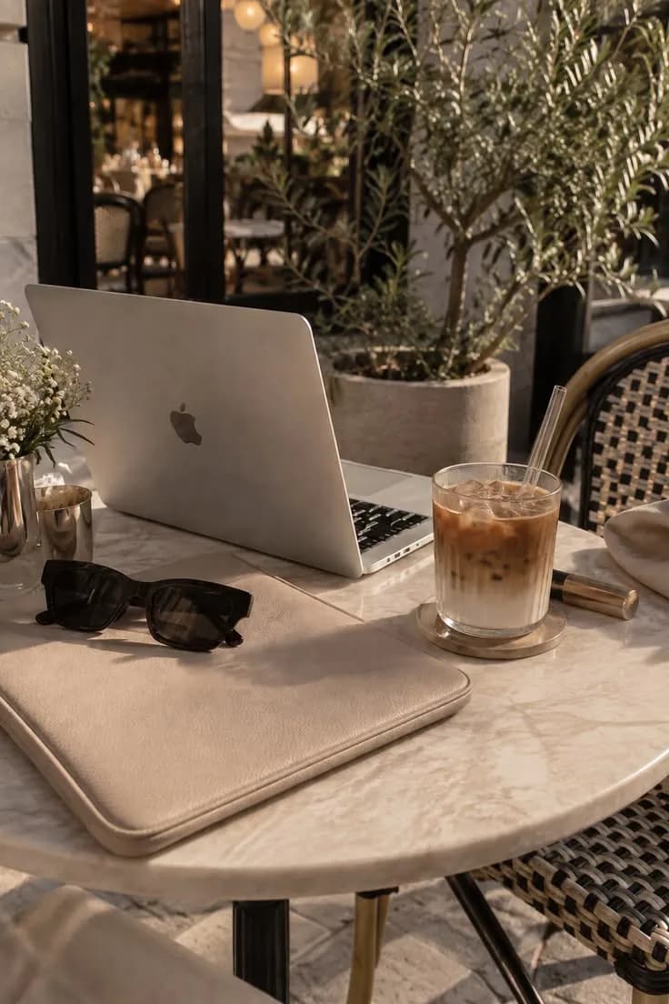 Notebook numa mesa de mármore de café, com café gelado e óculos de sol