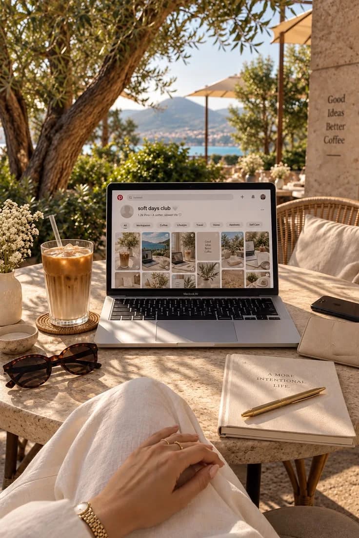 Notebook aberto com a Presenza na tela, numa mesa de café ao ar livre, com café gelado e caderno